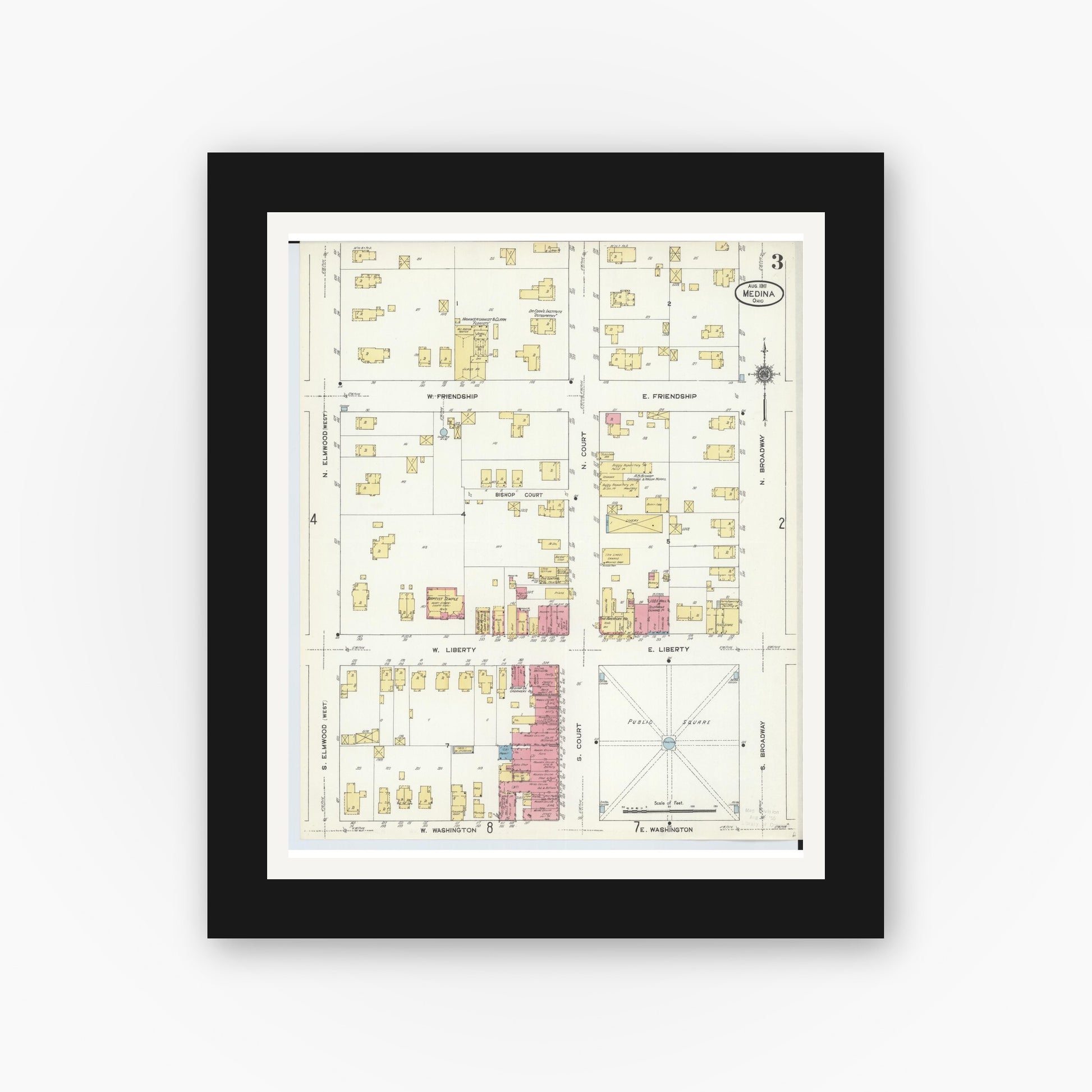 Old map wall art mockup — black gallery frame with white mat — Sanborn Fire Insurance Map from Medina, Medina County, Ohio (1911), Sheet #0003