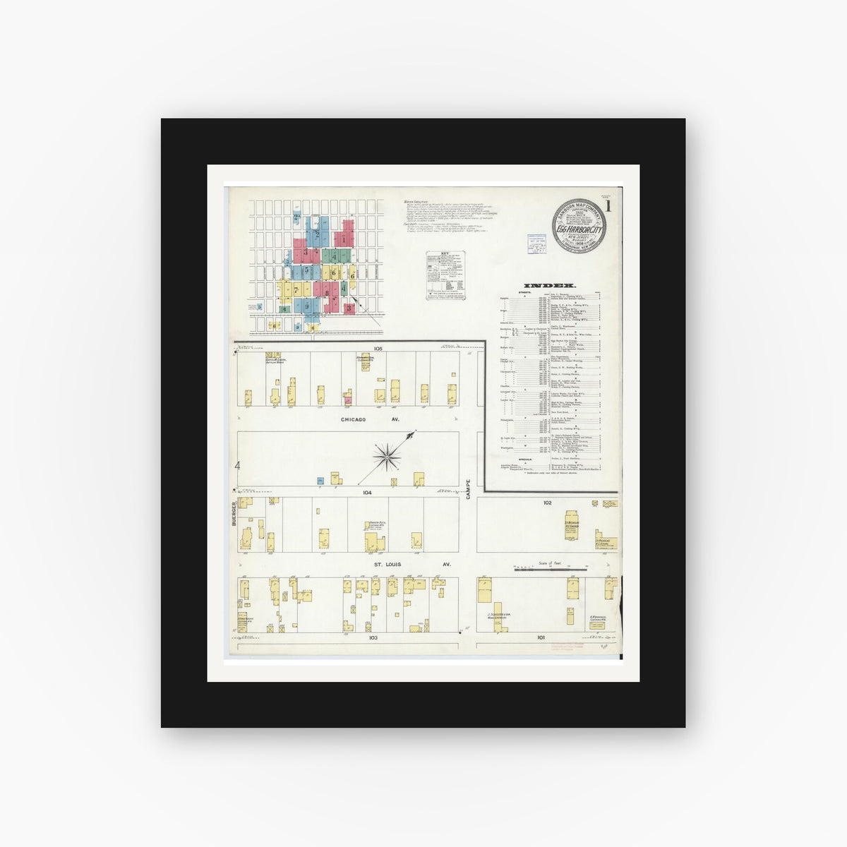 Old map wall art mockup — black gallery frame with white mat — Sanborn Fire Insurance Map from Egg Harbor City, Atlantic County, New Jersey (1908) - Complete Map Set