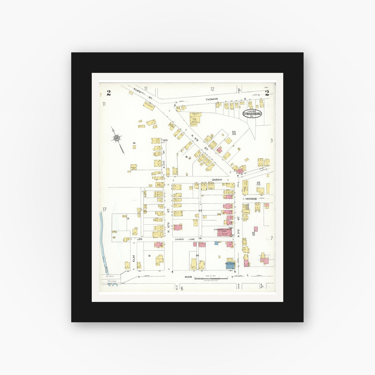 Old map wall art mockup — black gallery frame with white mat — Sanborn Fire Insurance Map from Stroudsburg, Monroe County, Pennsylvania (1923), Sheet #0002