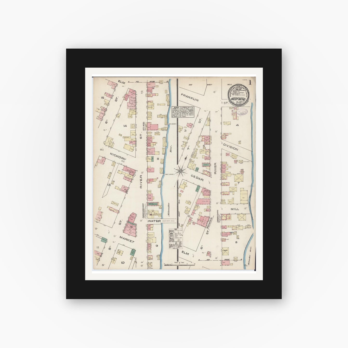 Old map wall art mockup — black gallery frame with white mat — Sanborn Fire Insurance Map from West Bend, Washington County, Wisconsin (1884) - Complete Map Set