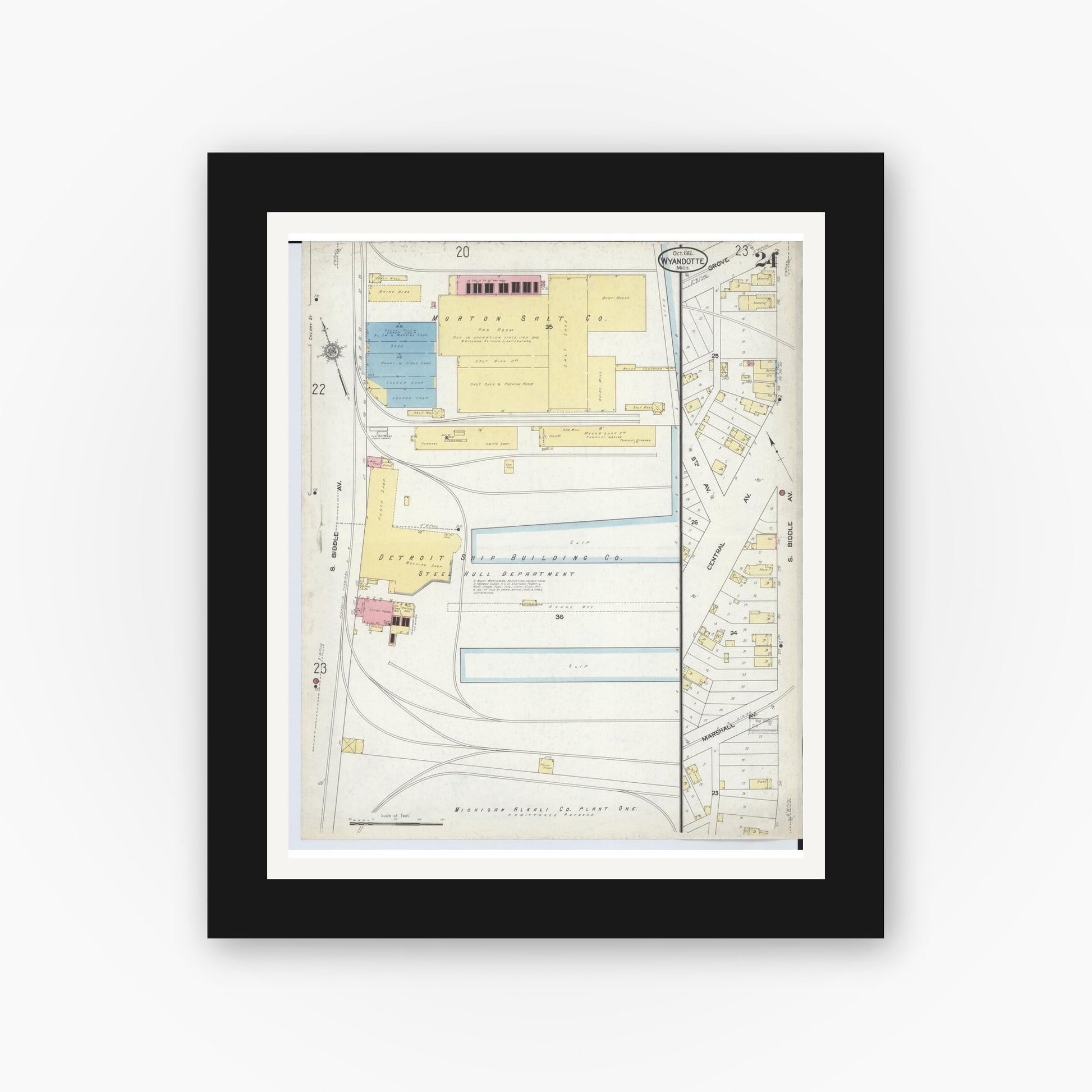 Old map wall art mockup — black gallery frame with white mat — Sanborn Fire Insurance Map from Wyandotte, Wayne County, Michigan (1912), Sheet #0024