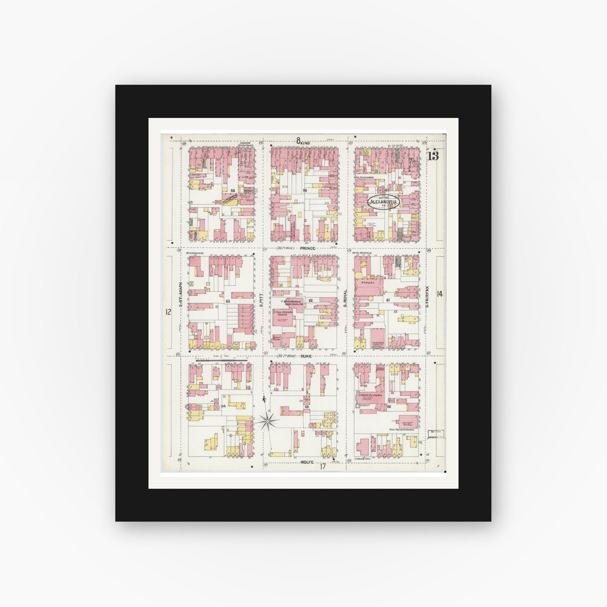 Old map wall art mockup — black gallery frame with white mat — Sanborn Fire Insurance Map from Alexandria, Independent Cities, Virginia (1902), Sheet #0013