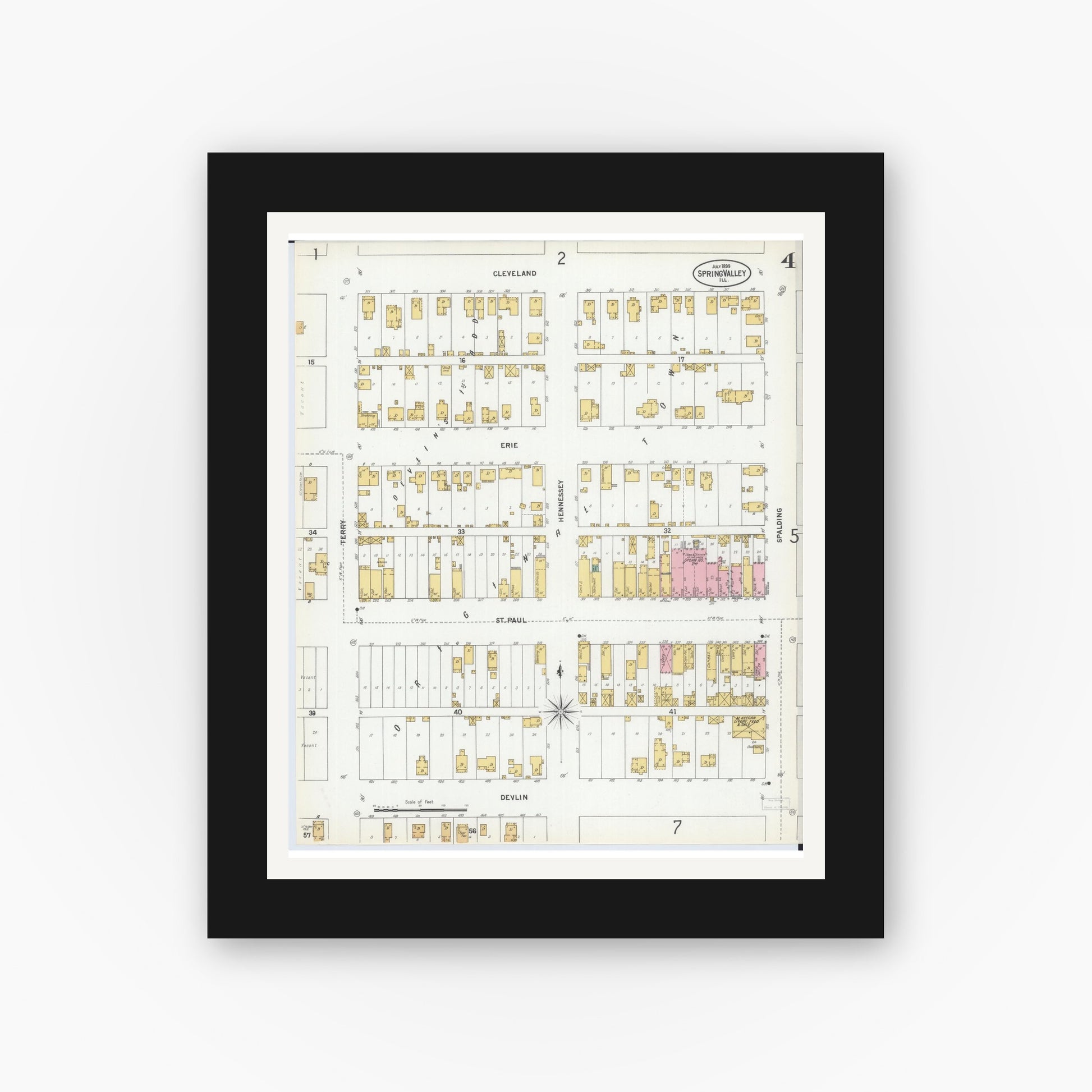 Old map wall art mockup — black gallery frame with white mat — Sanborn Fire Insurance Map from Spring Valley, Bureau County, Illinois (1899), Sheet #0004