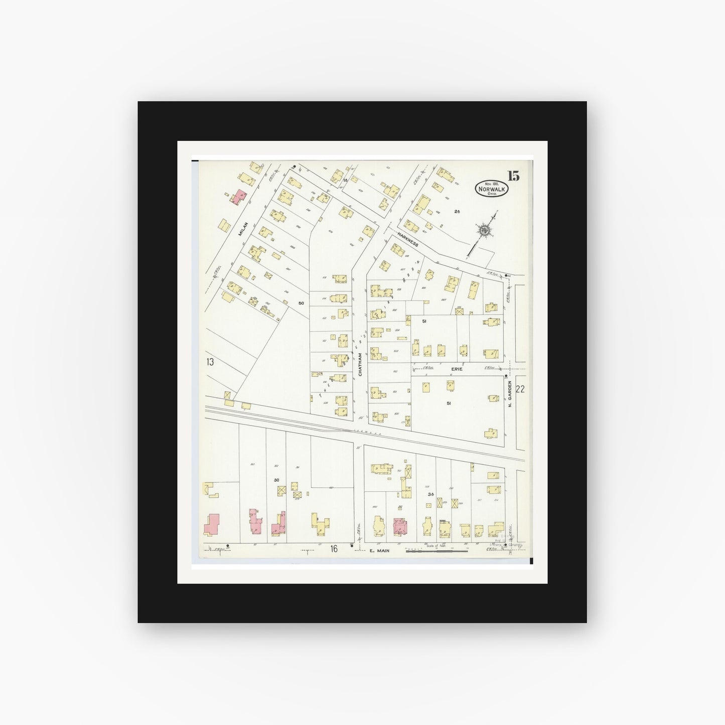 Old map wall art mockup — black gallery frame with white mat — Sanborn Fire Insurance Map from Norwalk, Huron County, Ohio (1911), Sheet #0015