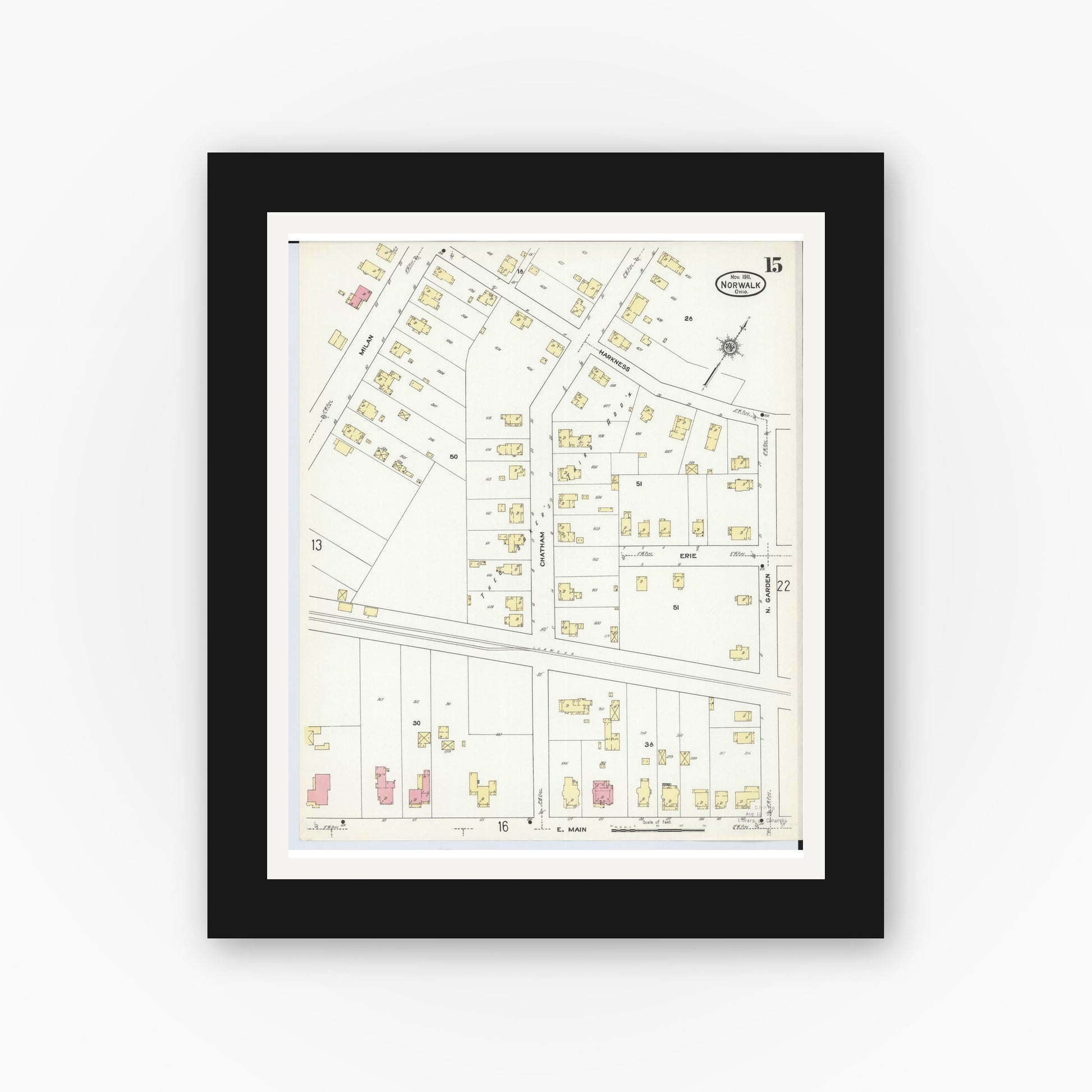 Old map wall art mockup — black gallery frame with white mat — Sanborn Fire Insurance Map from Norwalk, Huron County, Ohio (1911), Sheet #0015