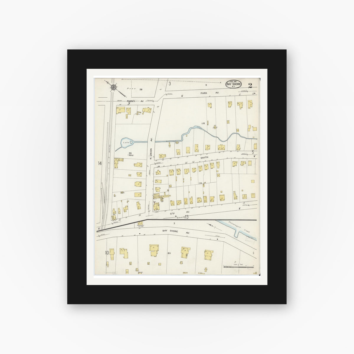 Old map wall art mockup — black gallery frame with white mat — Sanborn Fire Insurance Map from Bay Shore, Suffolk County, New York (1915) - Complete Map Set
