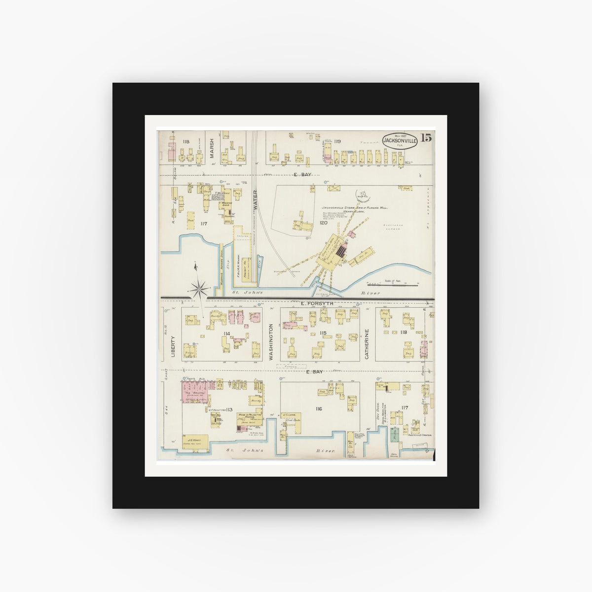 Old map wall art mockup — black gallery frame with white mat — Sanborn Fire Insurance Map from Jacksonville, Duval County, Florida (1887), Sheet #0015
