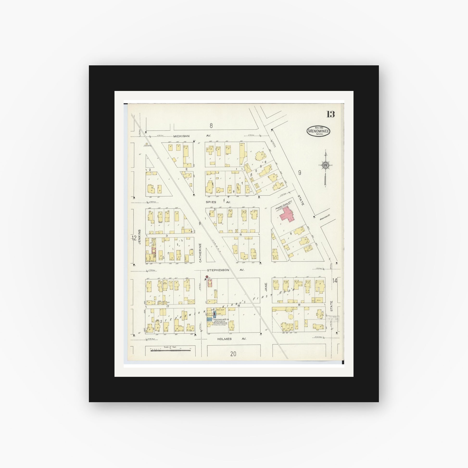 Old map wall art mockup — black gallery frame with white mat — Sanborn Fire Insurance Map from Menominee, Menominee County, Michigan (1913), Sheet #0013