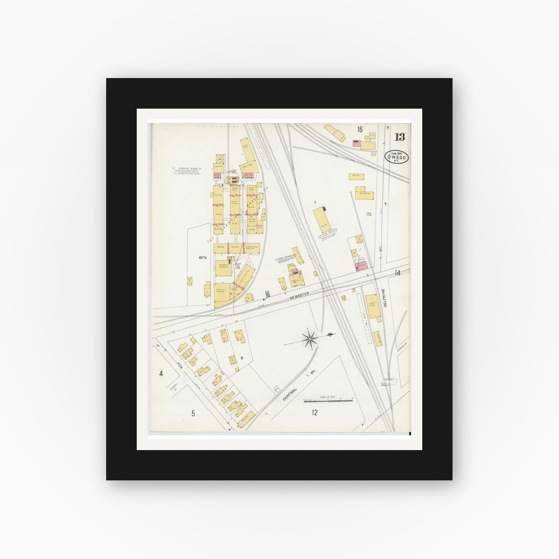 Old map wall art mockup — black gallery frame with white mat — Sanborn Fire Insurance Map from Owego, Tioga County, New York (1904), Sheet #0013