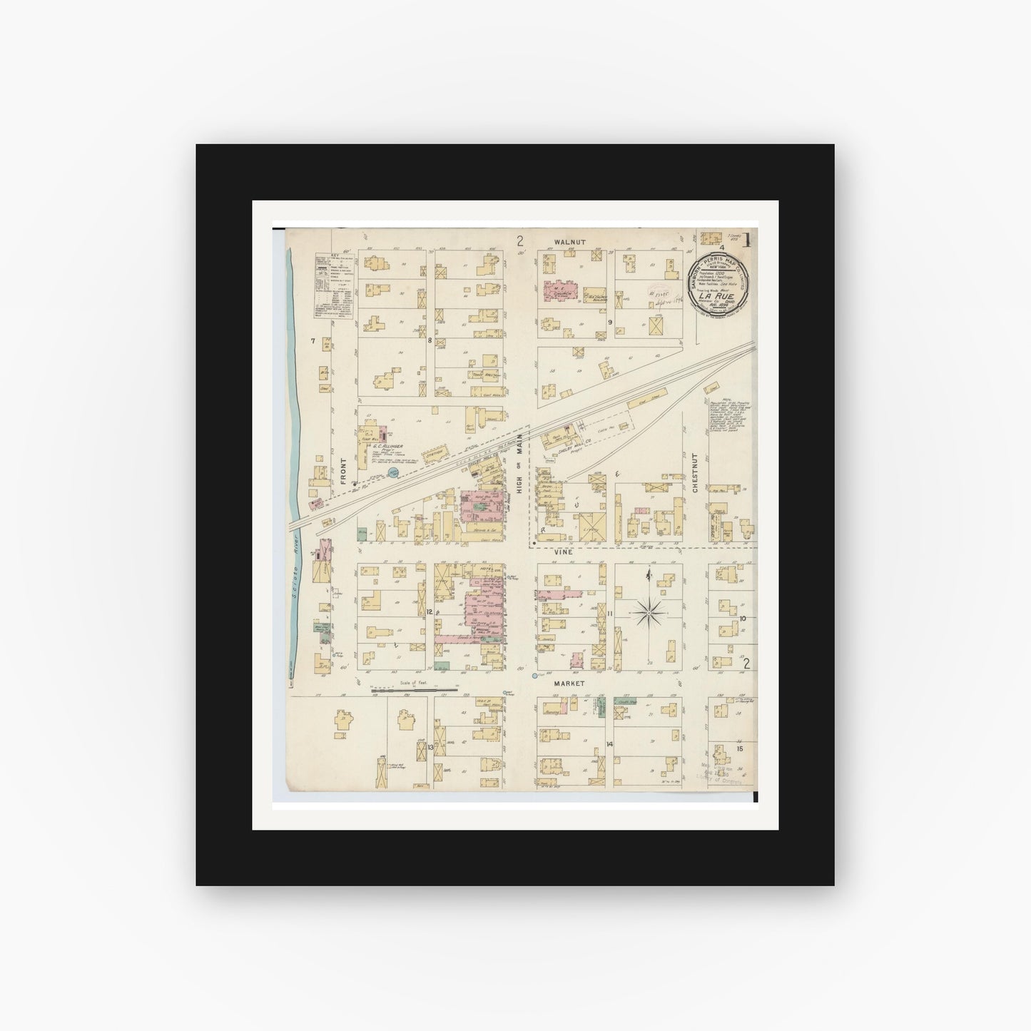 Old map wall art mockup — black gallery frame with white mat — Sanborn Fire Insurance Map from La Rue, Marion County, Ohio (1891) - Complete Map Set