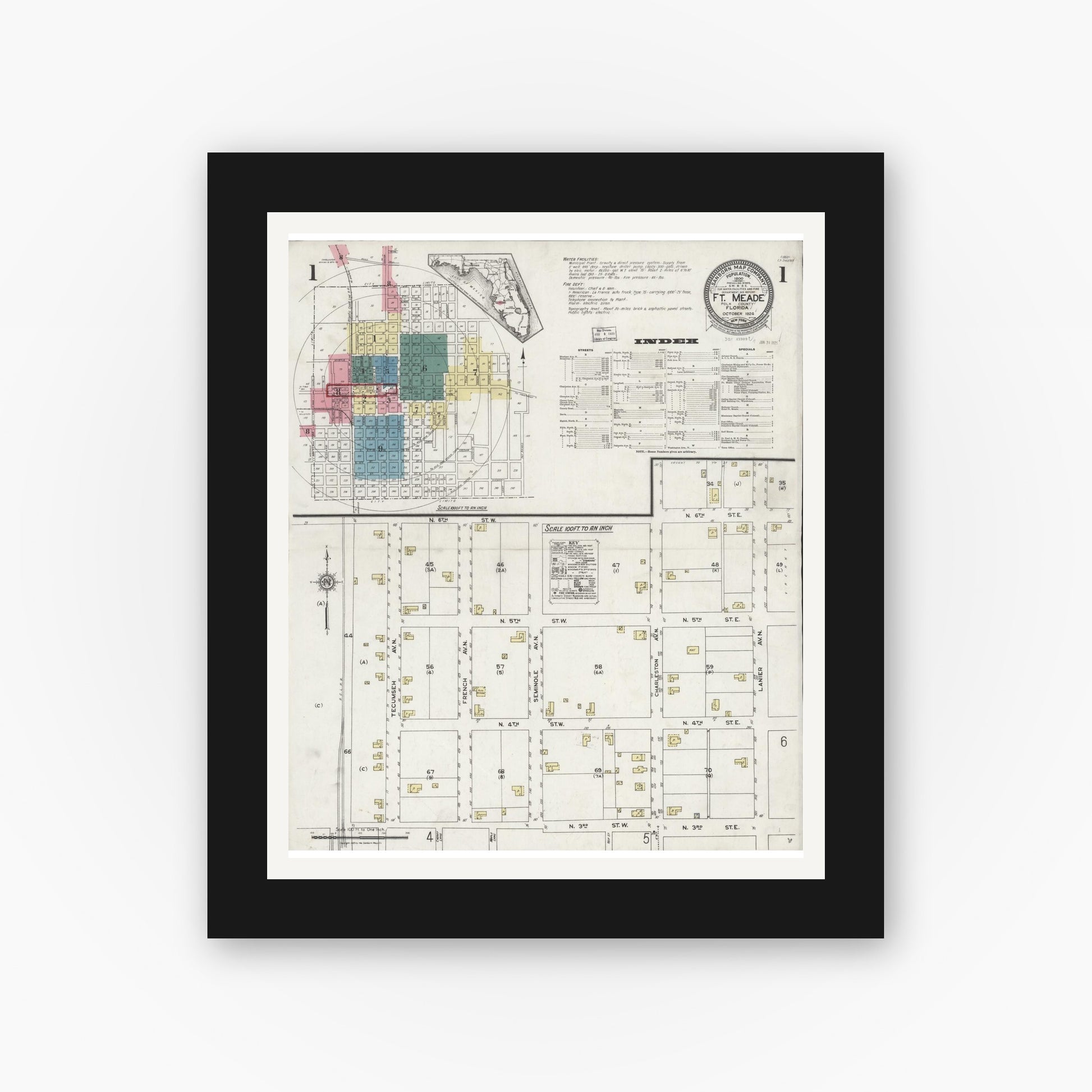 Old map wall art mockup — black gallery frame with white mat — Sanborn Fire Insurance Map from Fort Meade, Polk County, Florida (1924), Sheet #0001