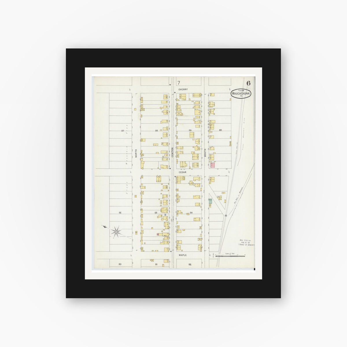 Old map wall art mockup — black gallery frame with white mat — Sanborn Fire Insurance Map from Mauch Chunk, Carbon County, Pennsylvania (1896), Sheet #0006