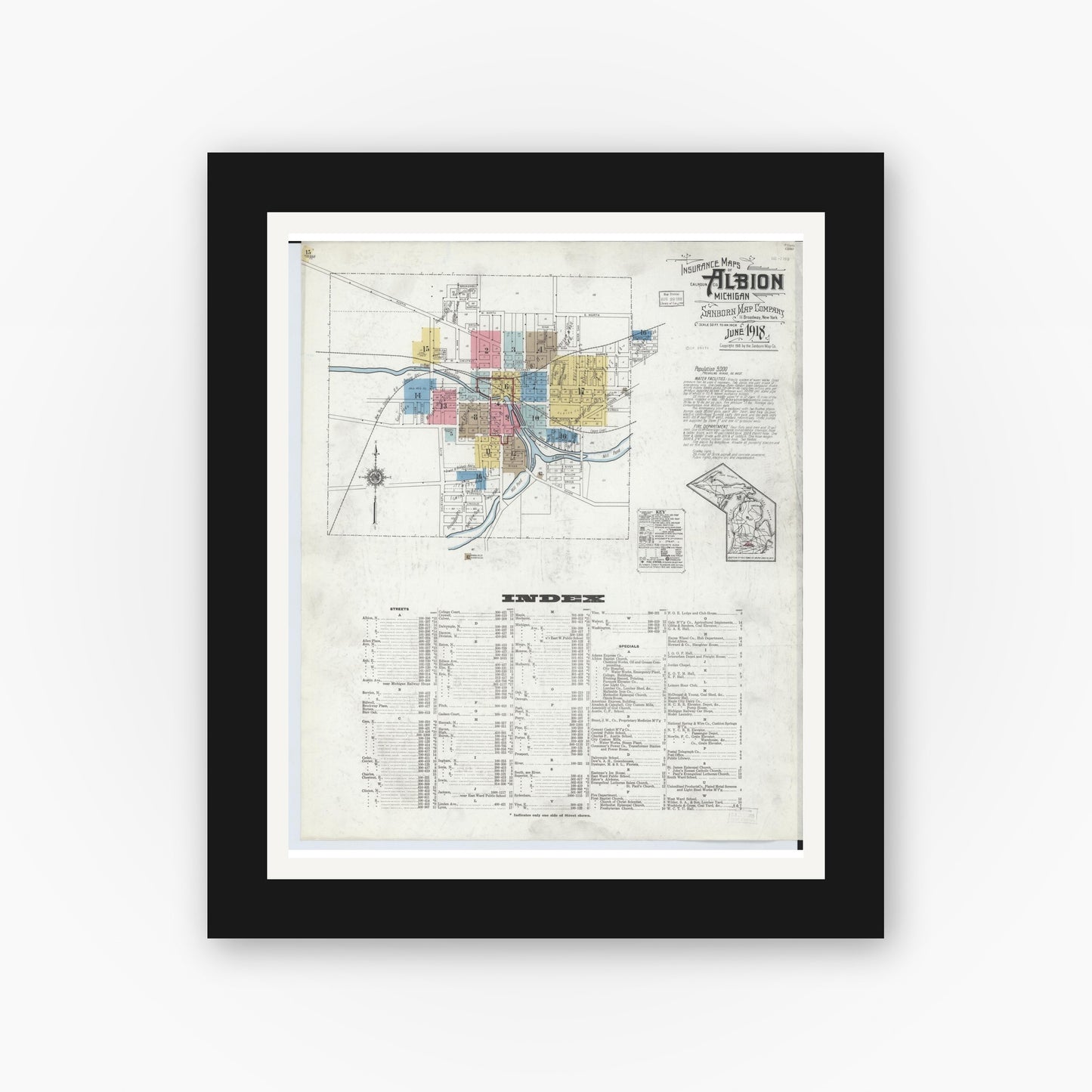 Old map wall art mockup — black gallery frame with white mat — Sanborn Fire Insurance Map from Albion, Calhoun County, Michigan (1918) - Complete Map Set