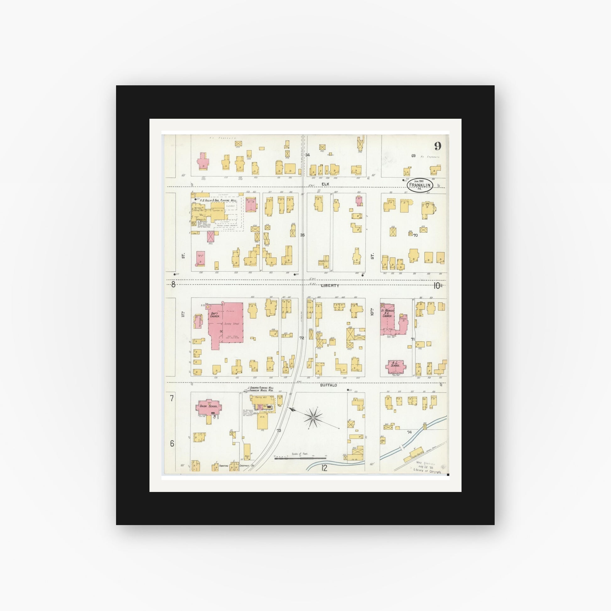Old map wall art mockup — black gallery frame with white mat — Sanborn Fire Insurance Map from Franklin, Venango County, Pennsylvania (1901), Sheet #0009