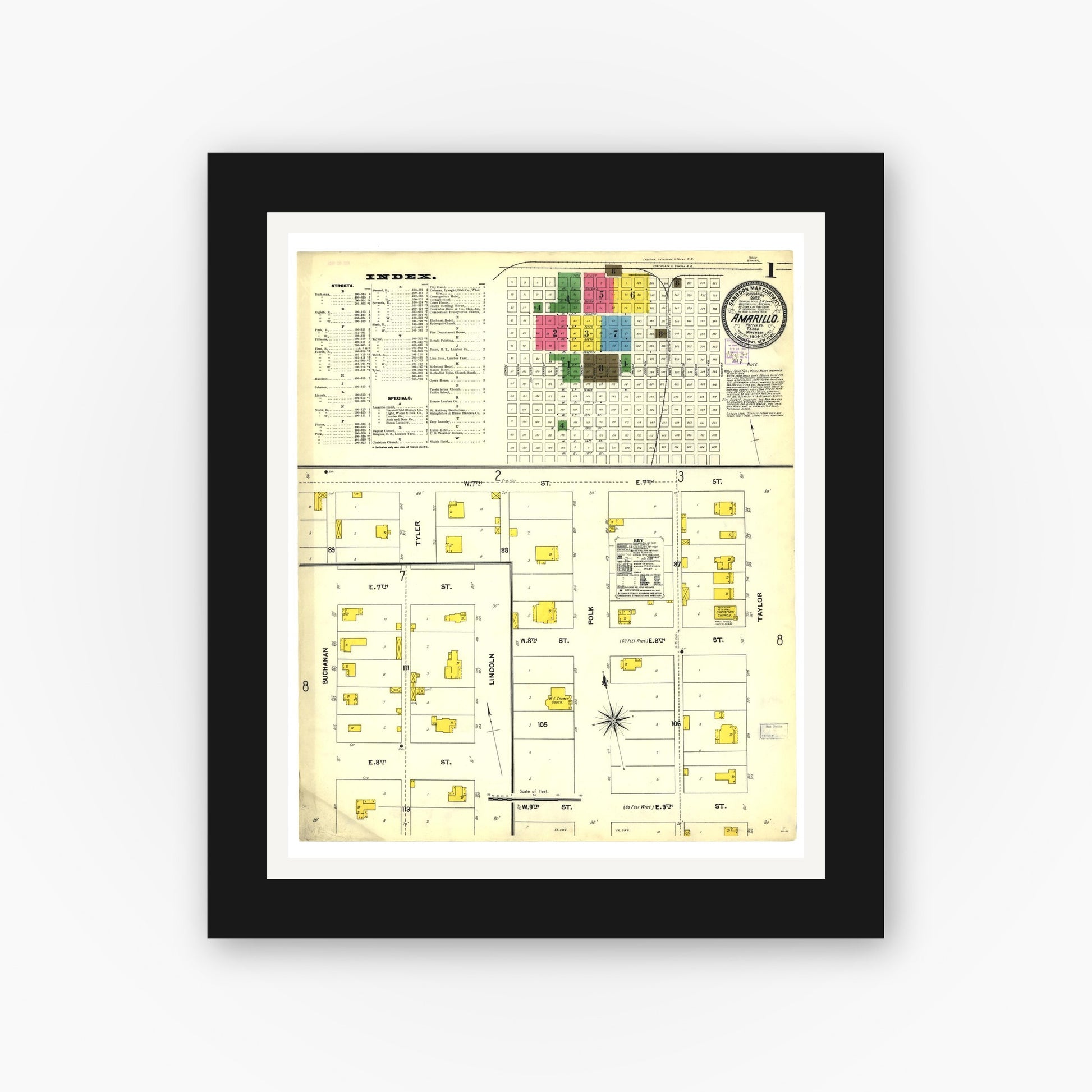 Old map wall art mockup — black gallery frame with white mat — Sanborn Fire Insurance Map from Amarillo, Potter County, Texas (1904), Sheet #0001