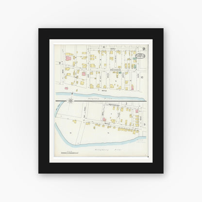 Old map wall art mockup — black gallery frame with white mat — Sanborn Fire Insurance Map from Tarentum, Allegheny County, Pennsylvania (1897), Sheet #0009