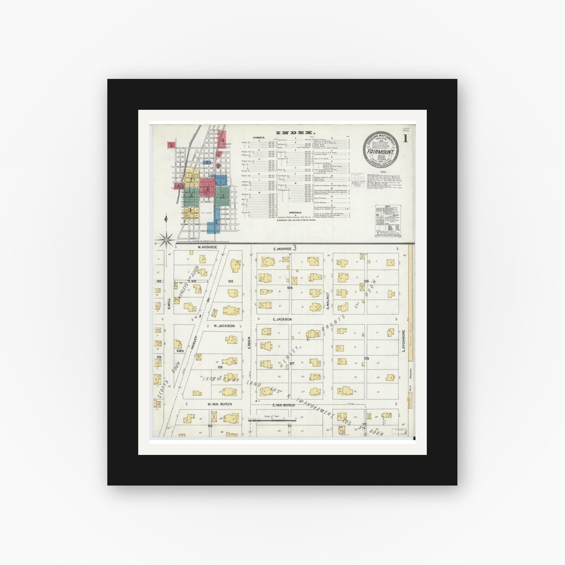 Old map wall art mockup — black gallery frame with white mat — Sanborn Fire Insurance Map from Fairmount, Grant County, Indiana (1902) - Complete Map Set