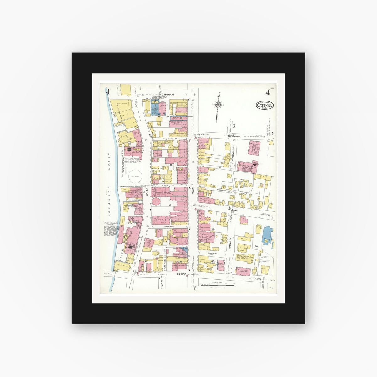 Old map wall art mockup — black gallery frame with white mat — Sanborn Fire Insurance Map from Catskill, Greene County, New York (1923), Sheet #0004