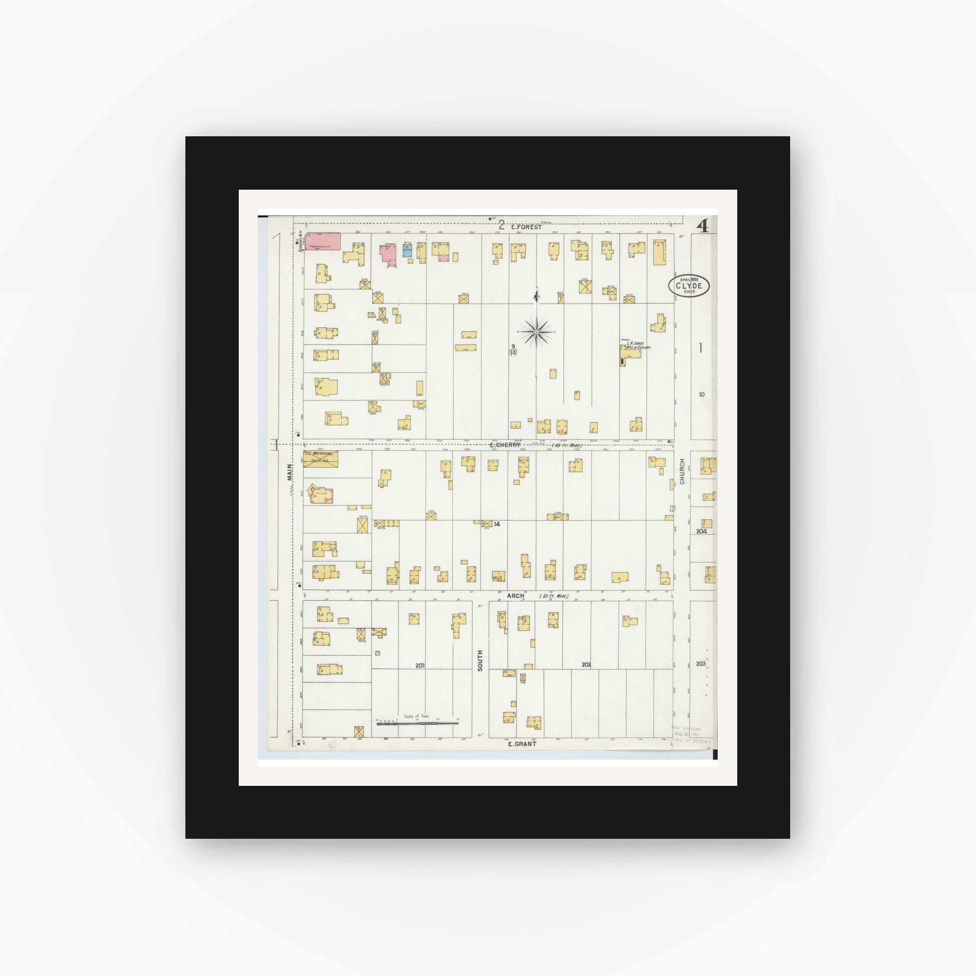 Old map wall art mockup — black gallery frame with white mat — Sanborn Fire Insurance Map from Clyde, Sandusky County, Ohio (1899), Sheet #0004