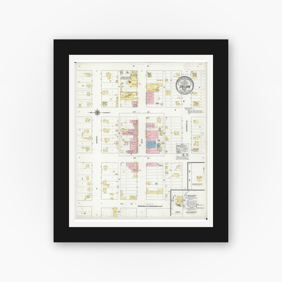 Old map wall art mockup — black gallery frame with white mat — Sanborn Fire Insurance Map from Sheldon, Vernon County, Missouri (1910), Sheet #0001