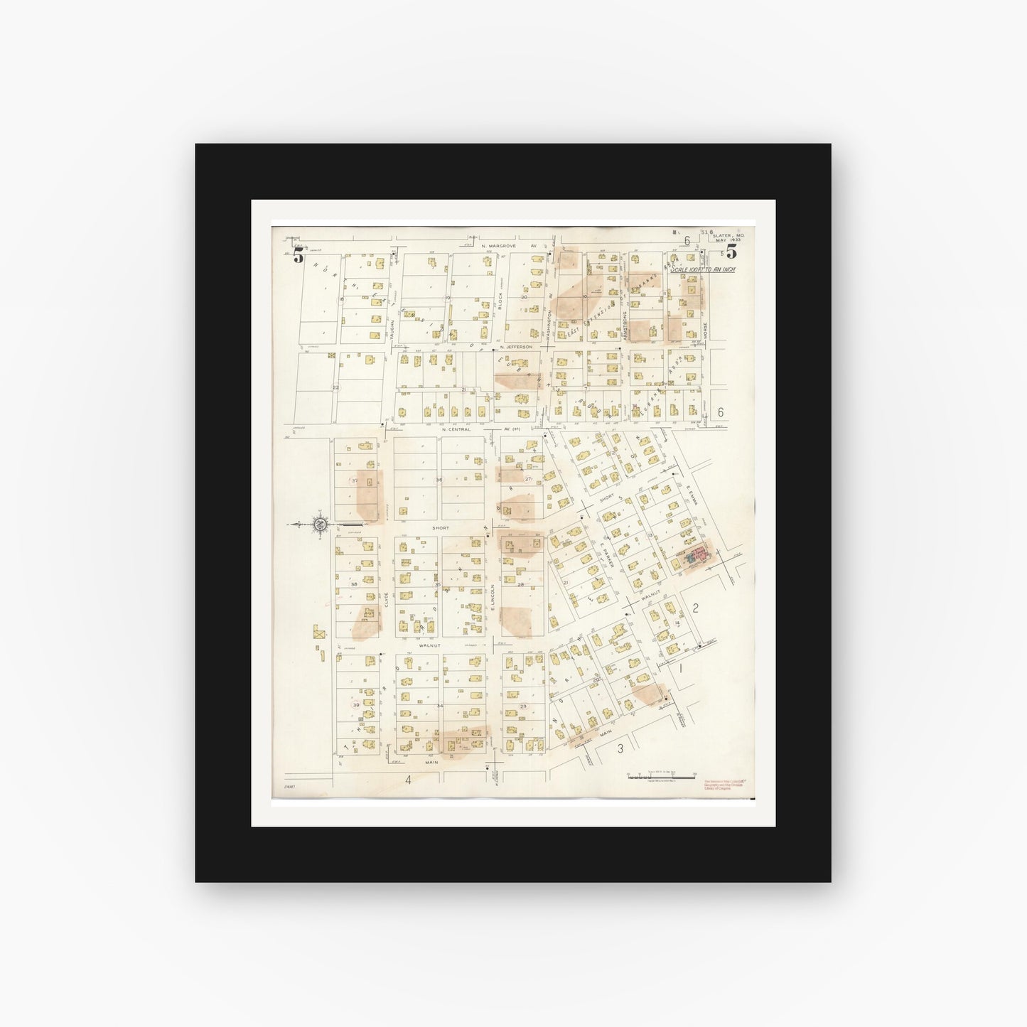 Old map wall art mockup — black gallery frame with white mat — Sanborn Fire Insurance Map from Slater, Saline County, Missouri (1944), Sheet #0005