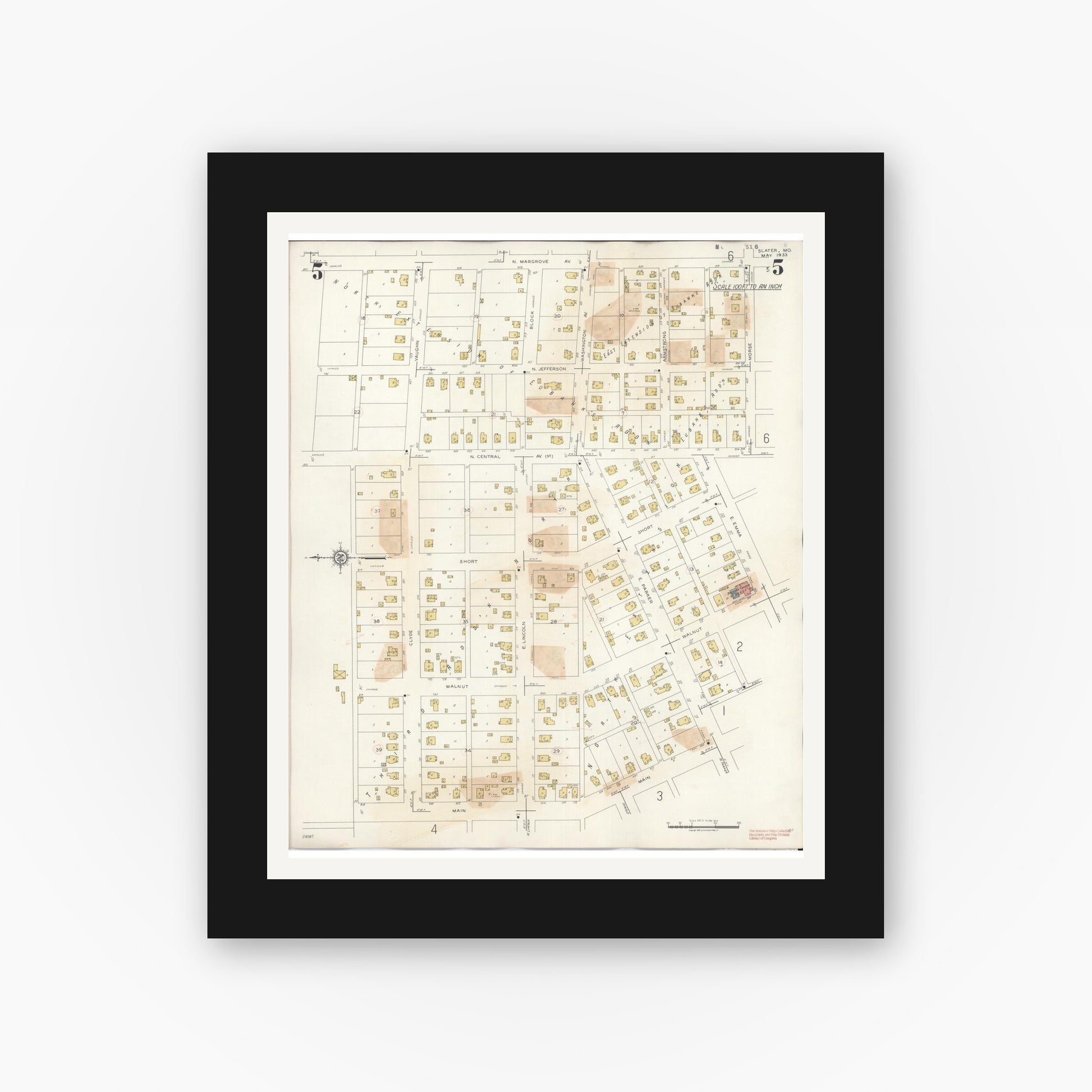 Old map wall art mockup — black gallery frame with white mat — Sanborn Fire Insurance Map from Slater, Saline County, Missouri (1944), Sheet #0005