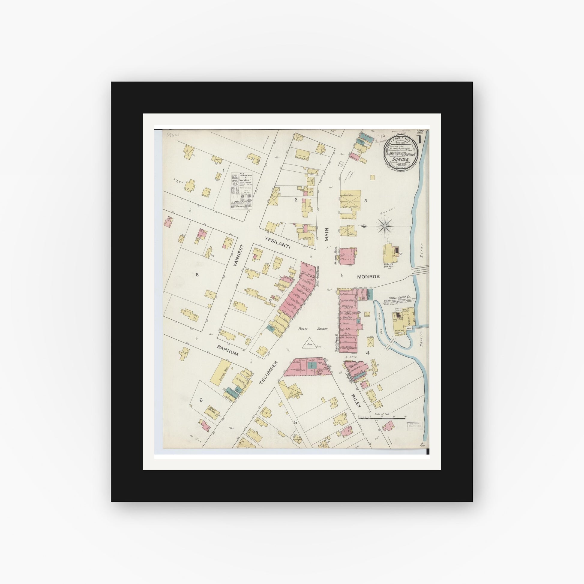 Old map wall art mockup — black gallery frame with white mat — Sanborn Fire Insurance Map from Dundee, Monroe County, Michigan (1893), Sheet #0001