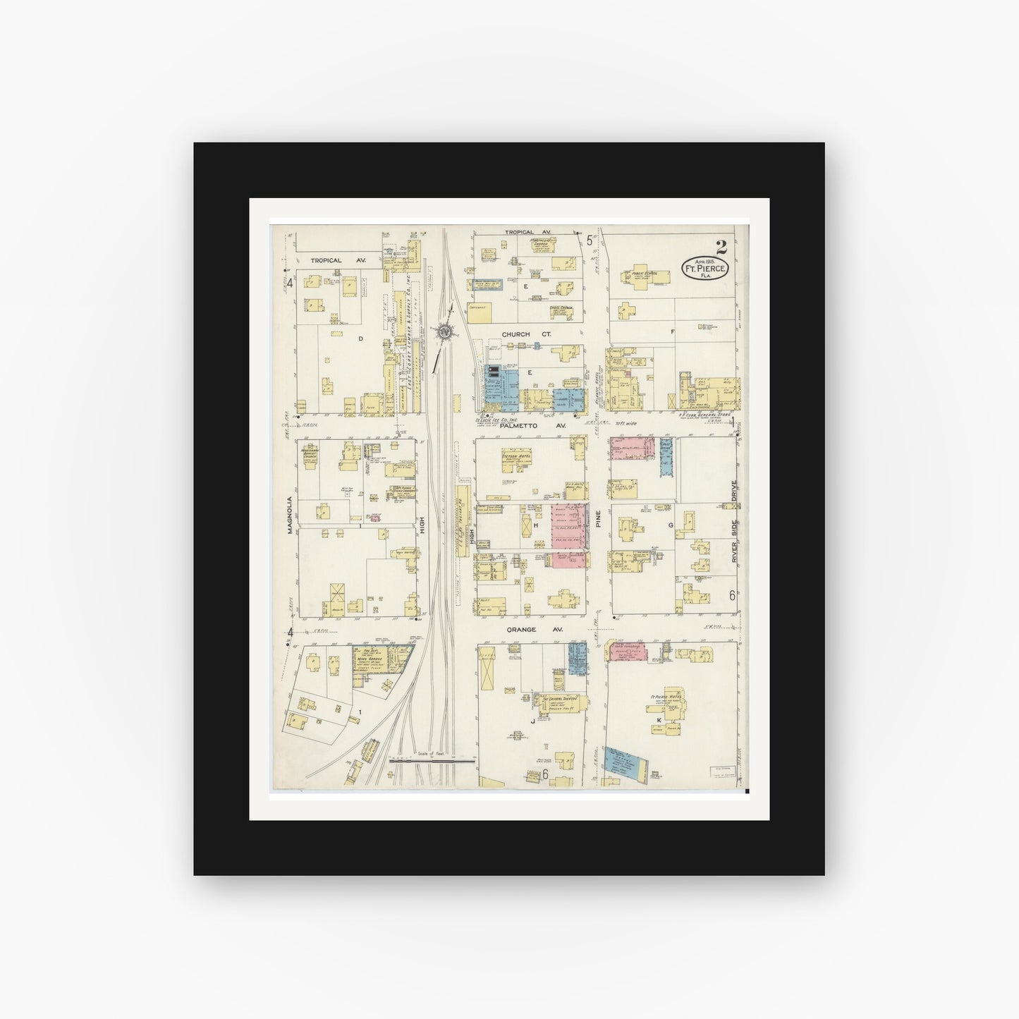 Old map wall art mockup — black gallery frame with white mat — Sanborn Fire Insurance Map from Fort Pierce, St Lucie County, Florida (1915), Sheet #0002