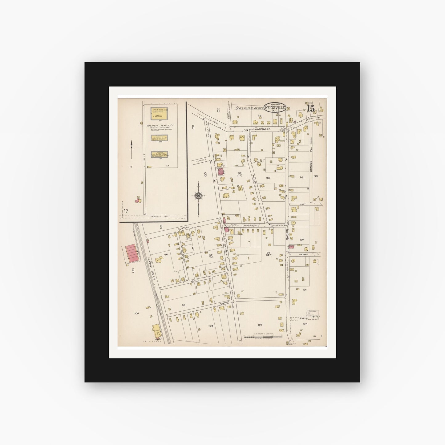 Old map wall art mockup — black gallery frame with white mat — Sanborn Fire Insurance Map from Reidsville, Rockingham County, North Carolina (1922), Sheet #0015