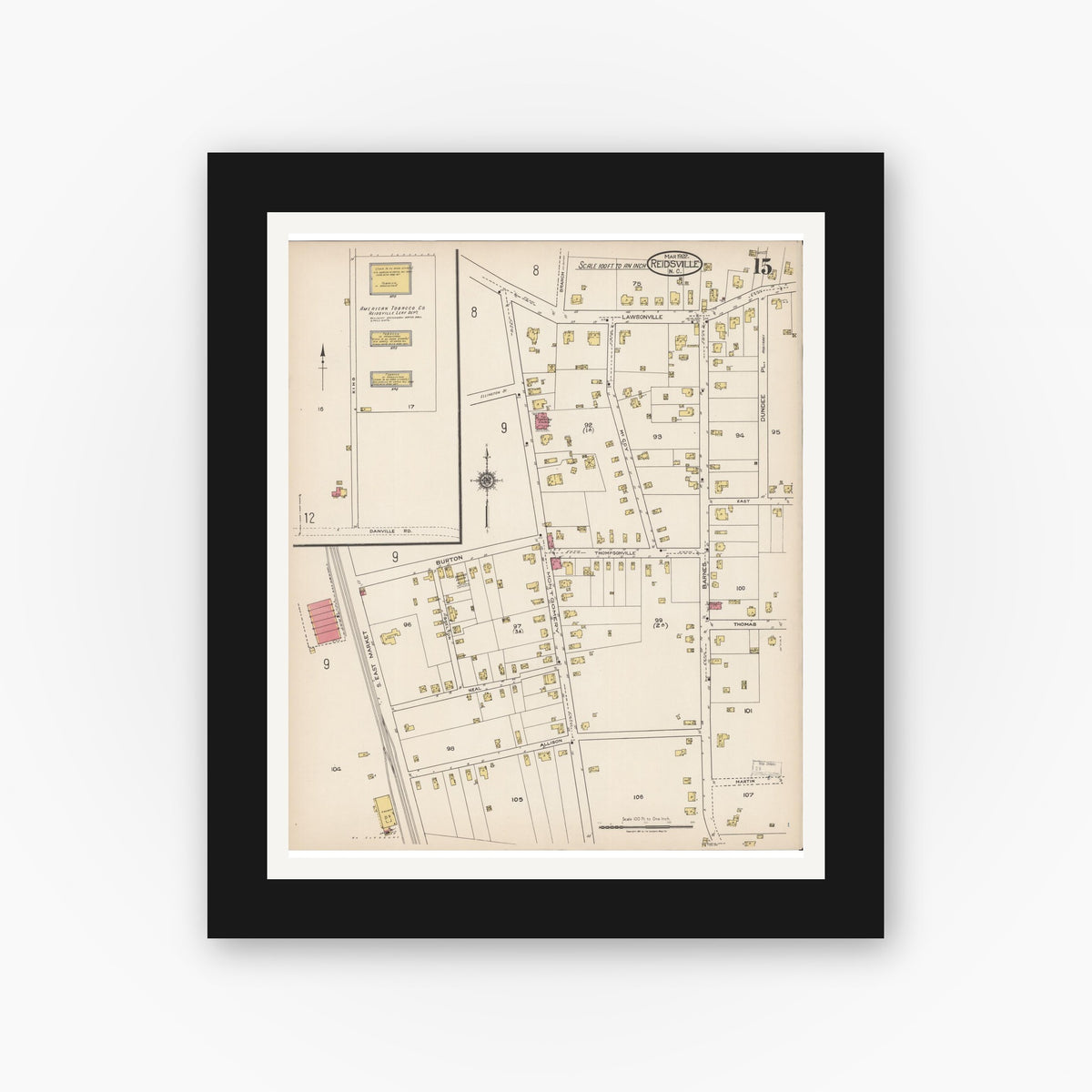 Old map wall art mockup — black gallery frame with white mat — Sanborn Fire Insurance Map from Reidsville, Rockingham County, North Carolina (1922), Sheet #0015