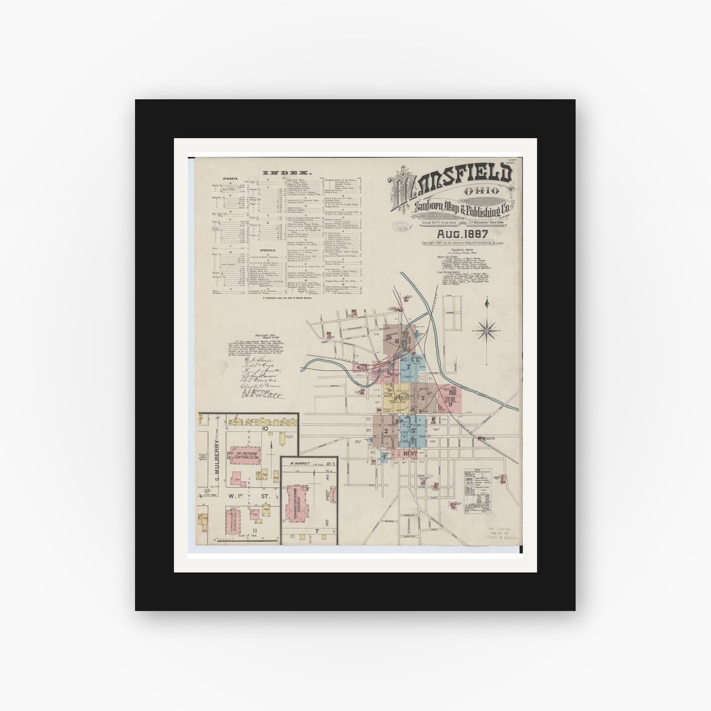 Old map wall art mockup — black gallery frame with white mat — Sanborn Fire Insurance Map from Mansfield, Richland County, Ohio (1887), Sheet #0001