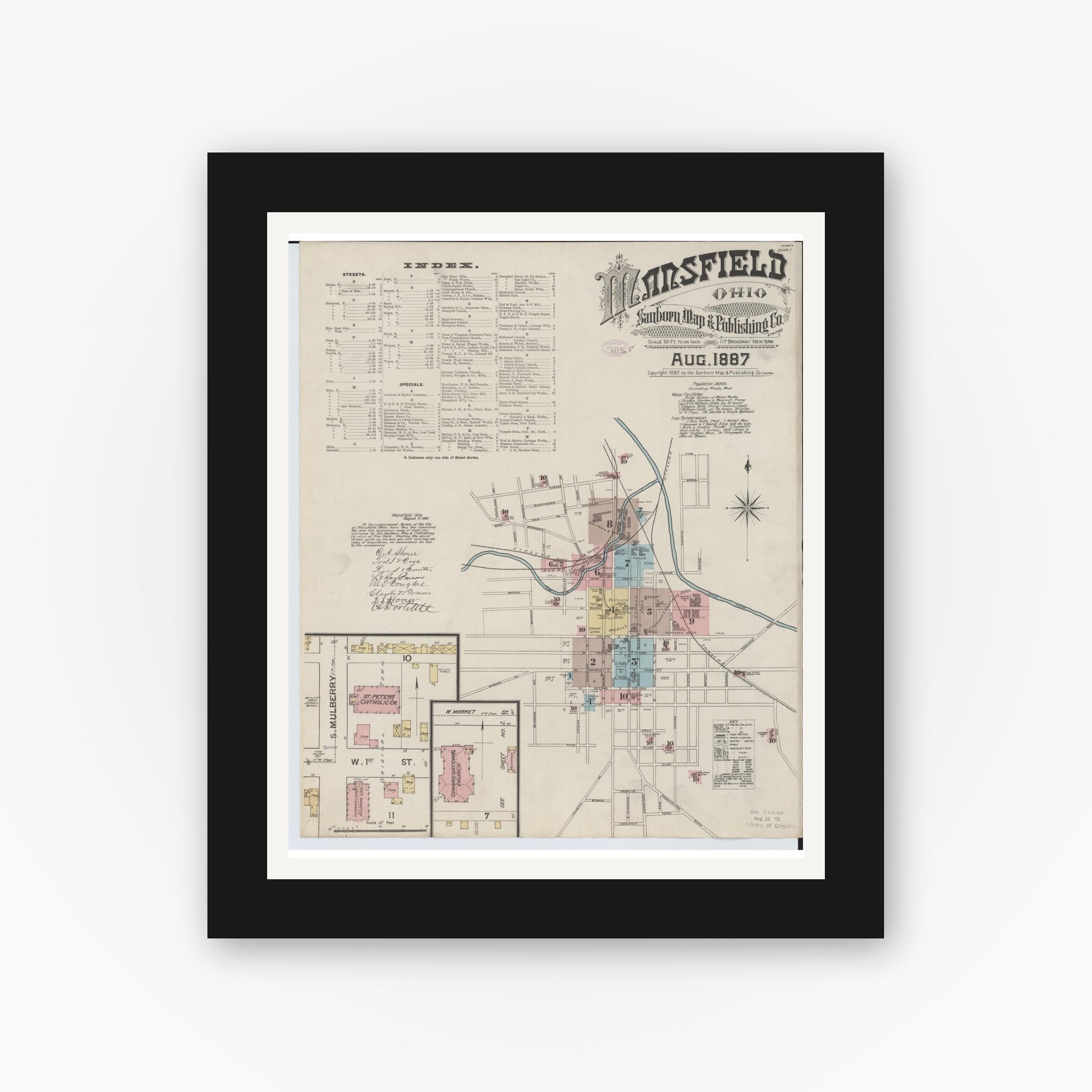Old map wall art mockup — black gallery frame with white mat — Sanborn Fire Insurance Map from Mansfield, Richland County, Ohio (1887), Sheet #0001