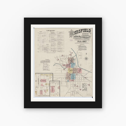 Old map wall art mockup — black gallery frame with white mat — Sanborn Fire Insurance Map from Mansfield, Richland County, Ohio (1887), Sheet #0001