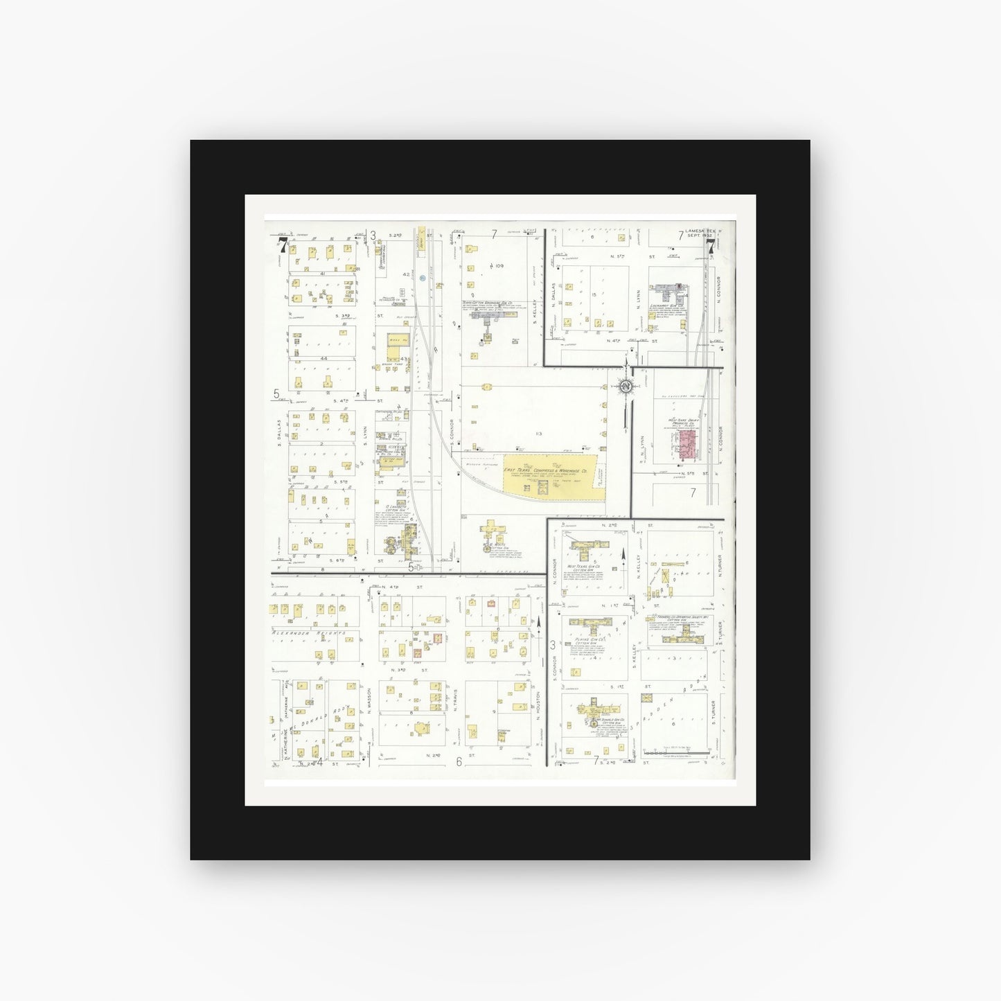 Old map wall art mockup — black gallery frame with white mat — Sanborn Fire Insurance Map from Lamesa, Dawson County, Texas (1932), Sheet #0007