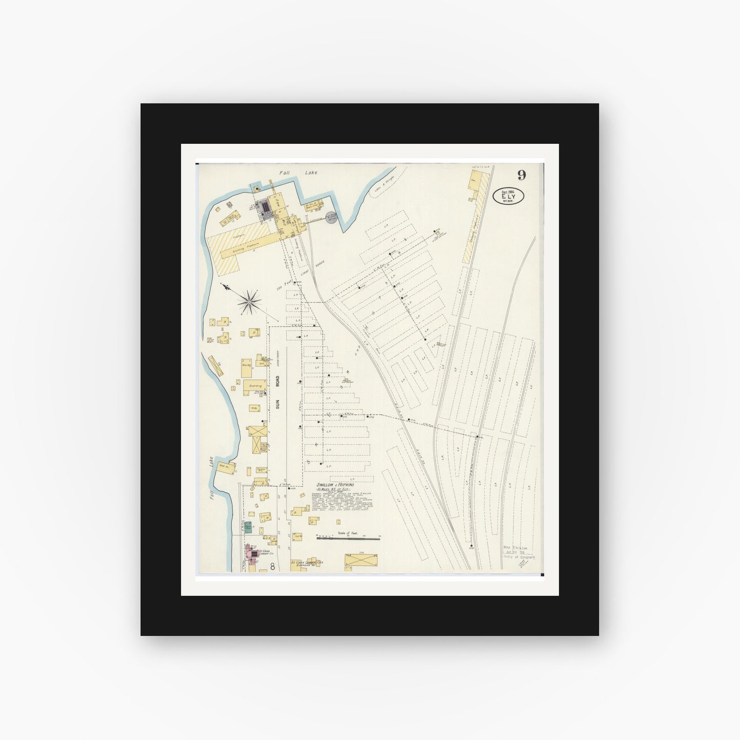 Old map wall art mockup — black gallery frame with white mat — Sanborn Fire Insurance Map from Ely, Saint Louis County, Minnesota (1906), Sheet #0009