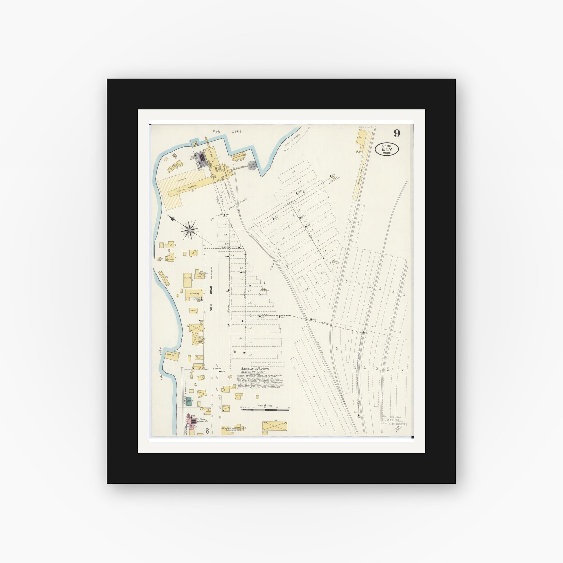 Old map wall art mockup — black gallery frame with white mat — Sanborn Fire Insurance Map from Ely, Saint Louis County, Minnesota (1906), Sheet #0009