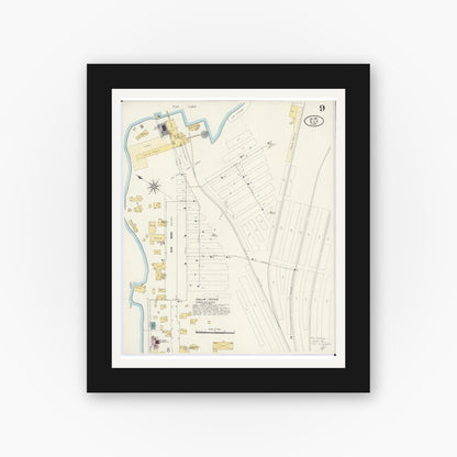 Old map wall art mockup — black gallery frame with white mat — Sanborn Fire Insurance Map from Ely, Saint Louis County, Minnesota (1906), Sheet #0009