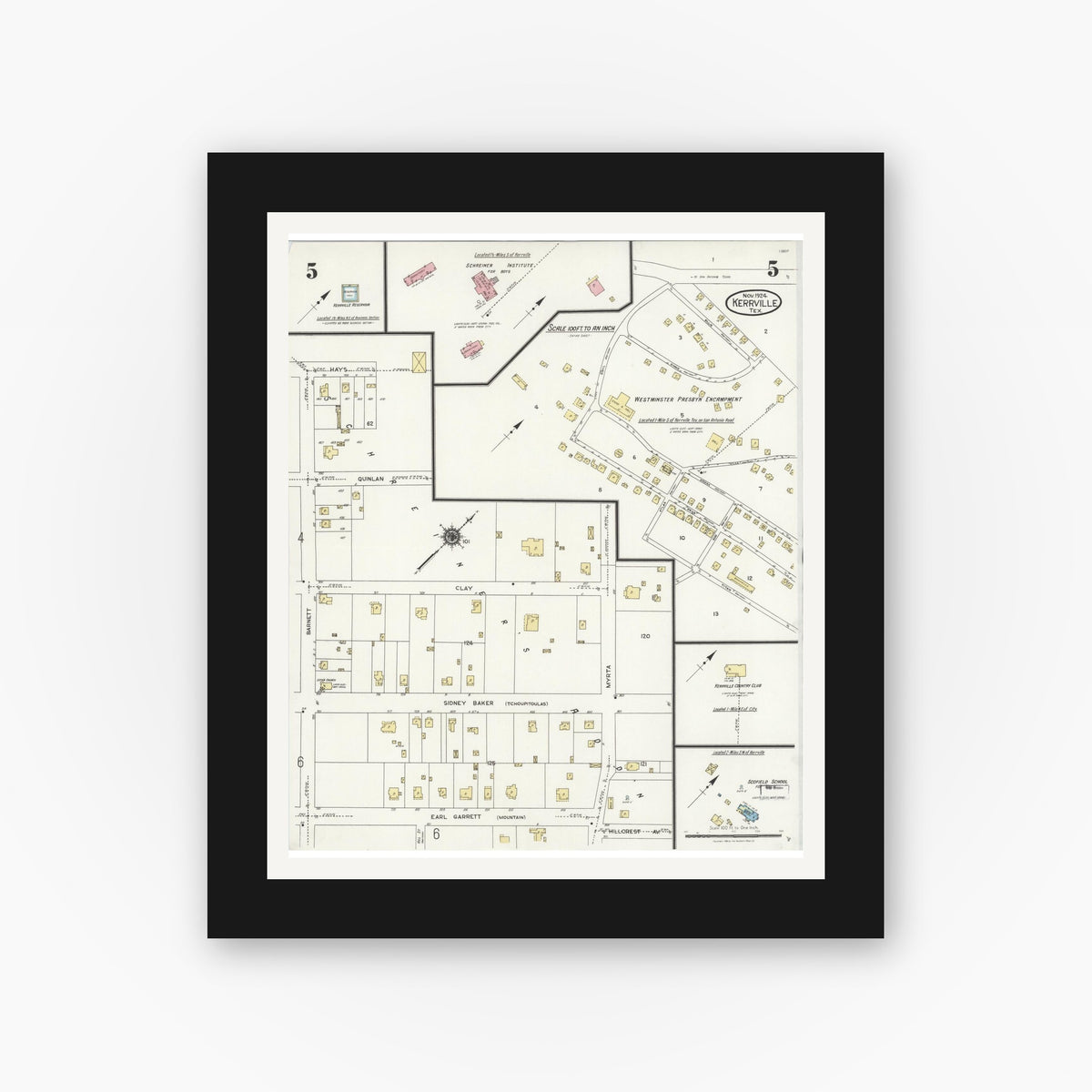 Old map wall art mockup — black gallery frame with white mat — Sanborn Fire Insurance Map from Kerrville, Kerr County, Texas (1924), Sheet #0005