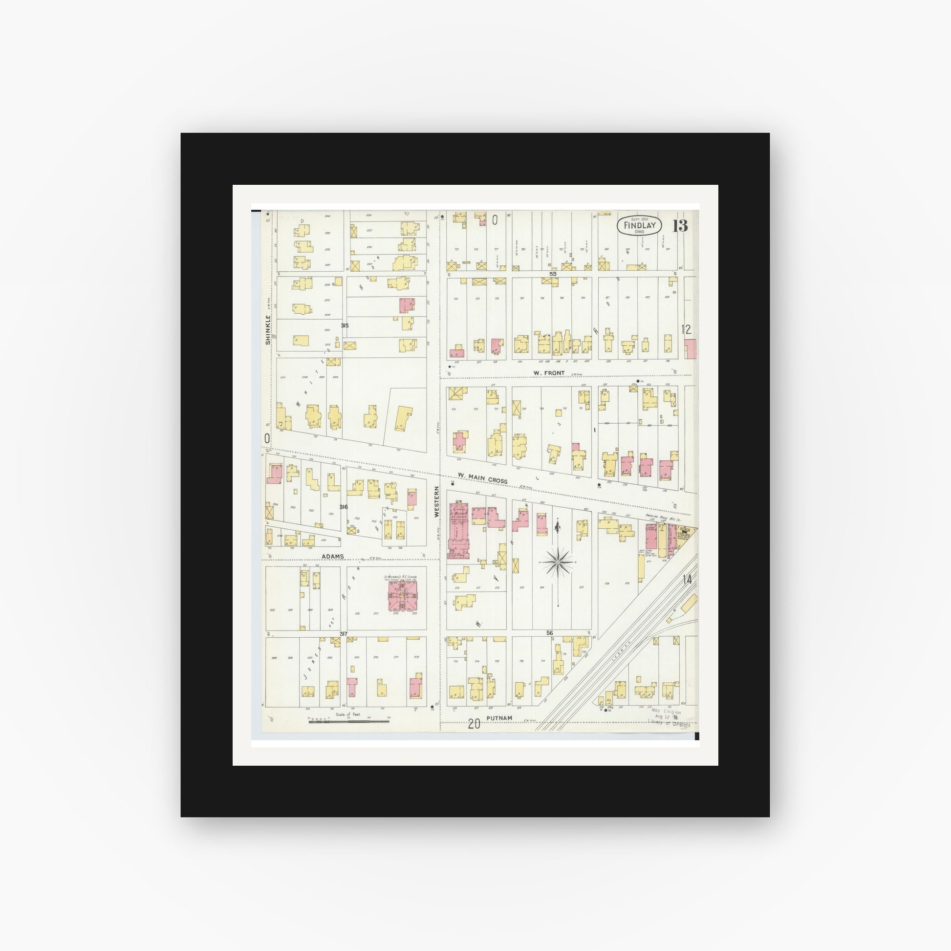 Old map wall art mockup — black gallery frame with white mat — Sanborn Fire Insurance Map from Findlay, Hancock County, Ohio (1901), Sheet #0013