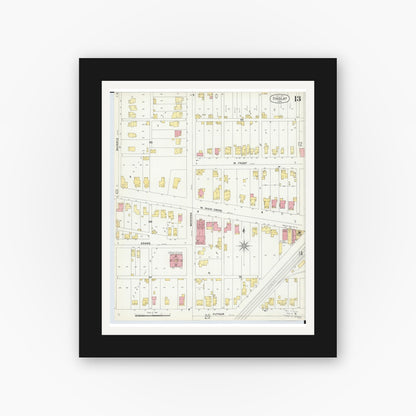 Old map wall art mockup — black gallery frame with white mat — Sanborn Fire Insurance Map from Findlay, Hancock County, Ohio (1901), Sheet #0013