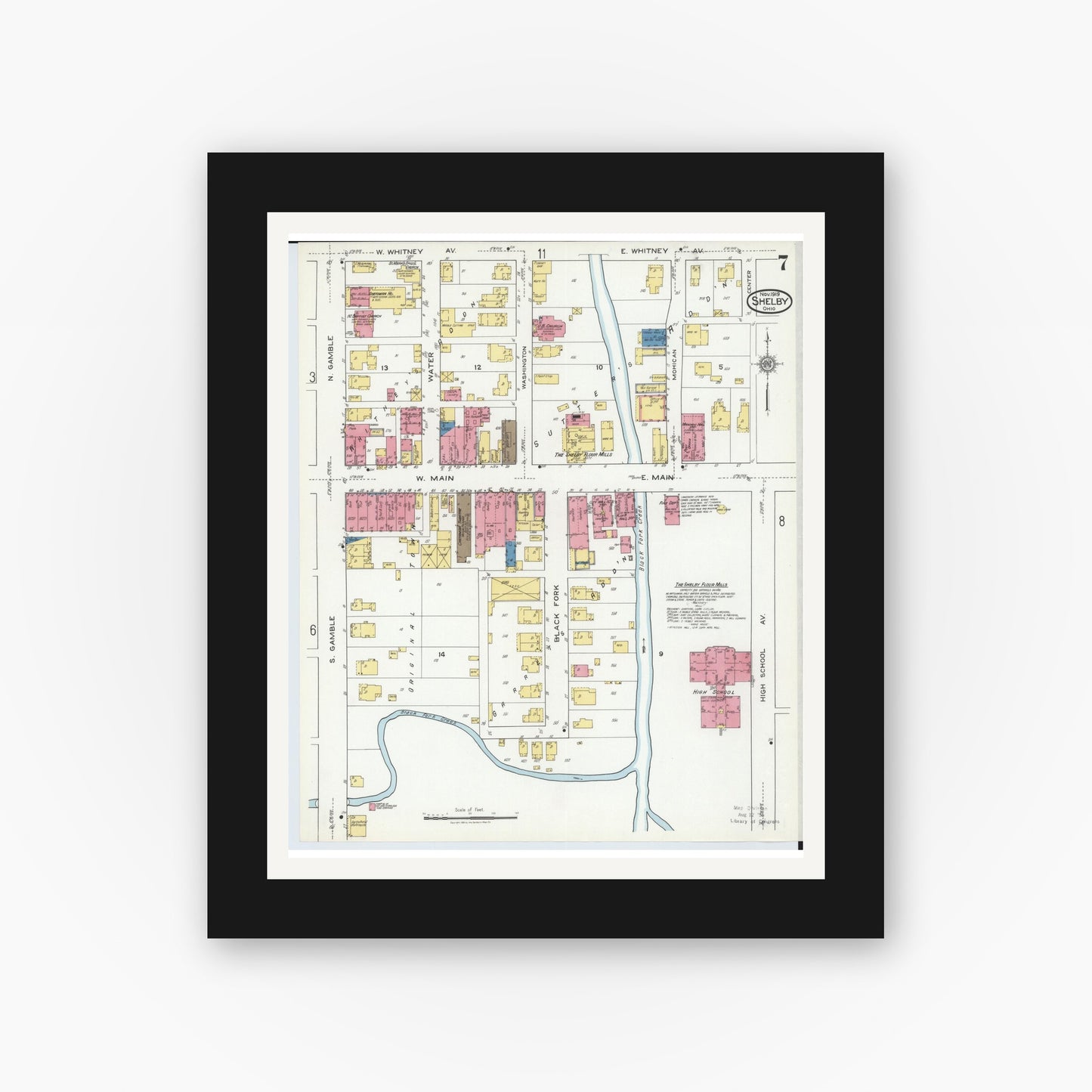 Old map wall art mockup — black gallery frame with white mat — Sanborn Fire Insurance Map from Shelby, Richland County, Ohio (1919), Sheet #0007