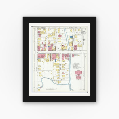 Old map wall art mockup — black gallery frame with white mat — Sanborn Fire Insurance Map from Shelby, Richland County, Ohio (1919), Sheet #0007