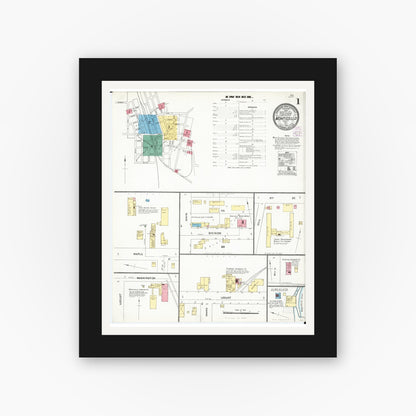 Old map wall art mockup — black gallery frame with white mat — Sanborn Fire Insurance Map from Monticello, Jones County, Iowa (1905) â€” Complete Set