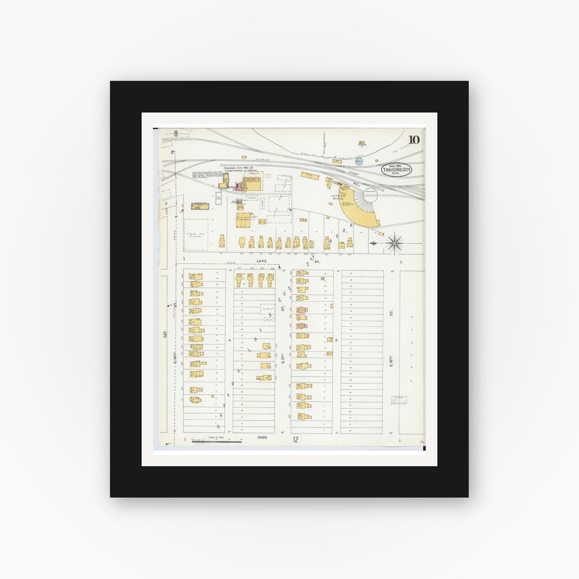 Old map wall art mockup — black gallery frame with white mat — Sanborn Fire Insurance Map from Traverse City, Grand Traverse County, Michigan (1904), Sheet #0010