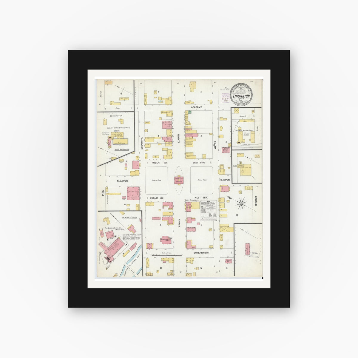 Old map wall art mockup — black gallery frame with white mat — Sanborn Fire Insurance Map from Lincolnton, Lincoln County, North Carolina (1902), Sheet #0001