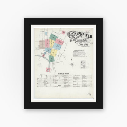 Old map wall art mockup — black gallery frame with white mat — Sanborn Fire Insurance Map from Greenfield, Franklin County, Massachusetts (1896), Sheet #0001