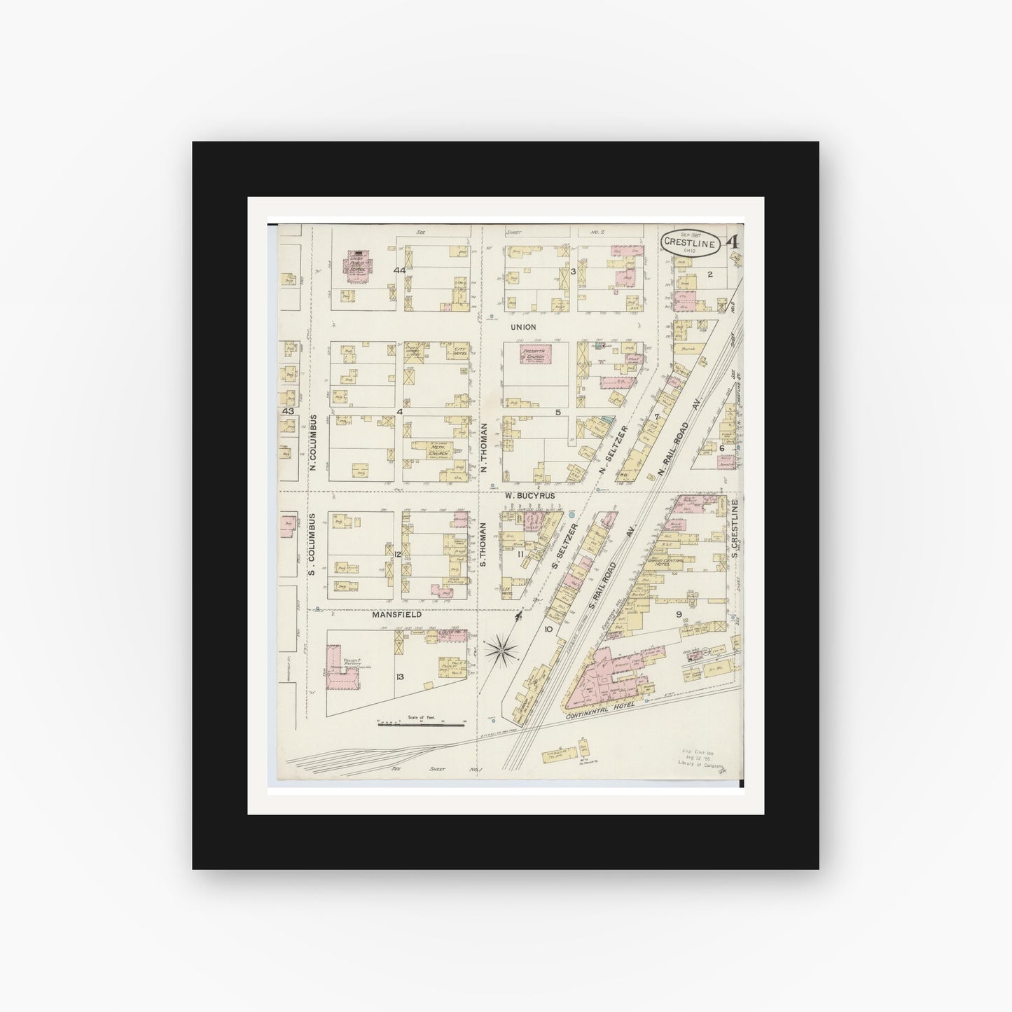 Old map wall art mockup — black gallery frame with white mat — Sanborn Fire Insurance Map from Crestline, Crawford County, Ohio (1887), Sheet #0004