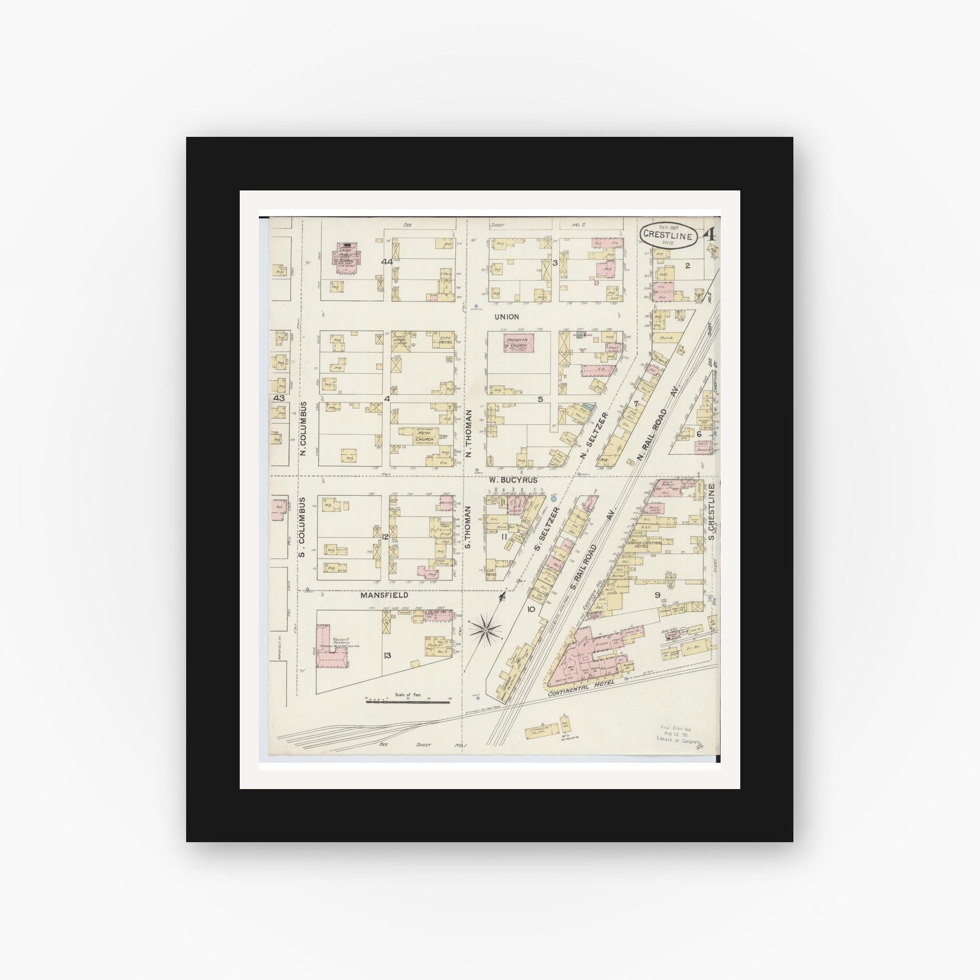 Old map wall art mockup — black gallery frame with white mat — Sanborn Fire Insurance Map from Crestline, Crawford County, Ohio (1887), Sheet #0004