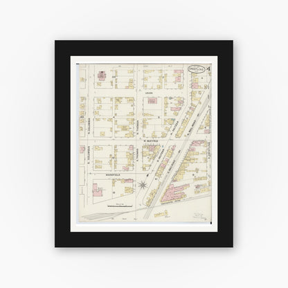 Old map wall art mockup — black gallery frame with white mat — Sanborn Fire Insurance Map from Crestline, Crawford County, Ohio (1887), Sheet #0004