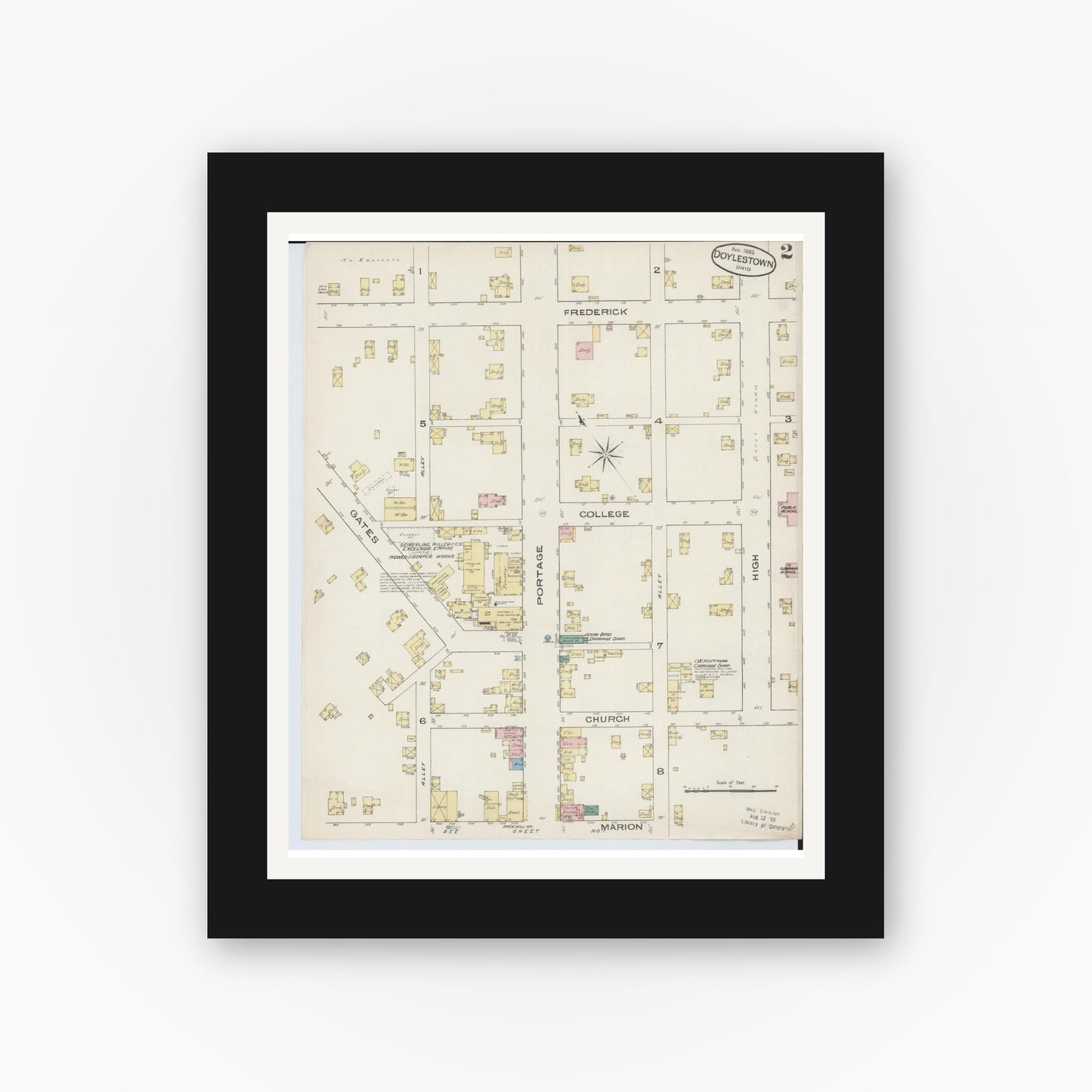 Old map wall art mockup — black gallery frame with white mat — Sanborn Fire Insurance Map from Doylestown, Wayne County, Ohio (1885), Sheet #0002
